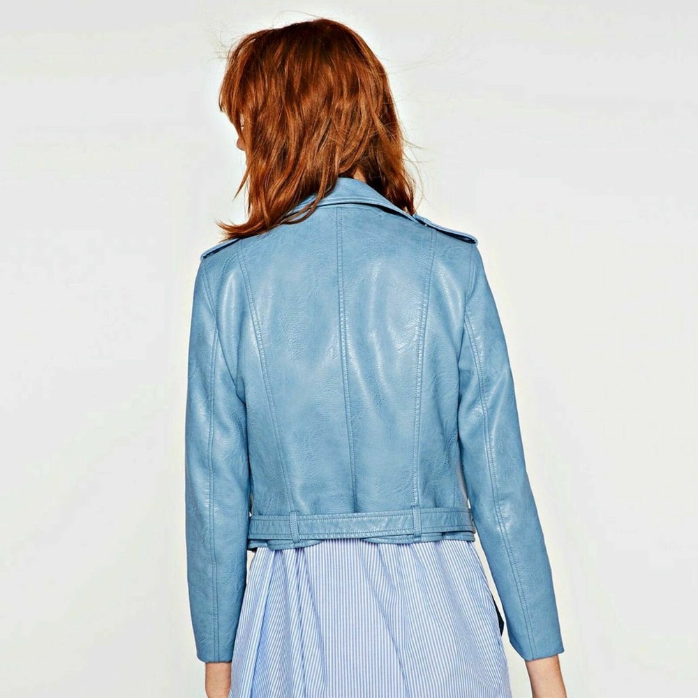 Zara Sky Blue Leather Biker Jacket